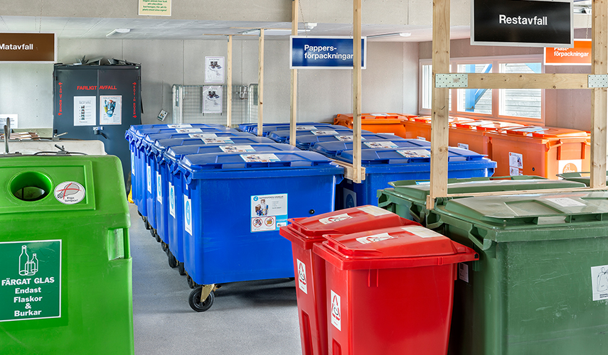 Ett miljörum med sorteringskärl i olika färger
