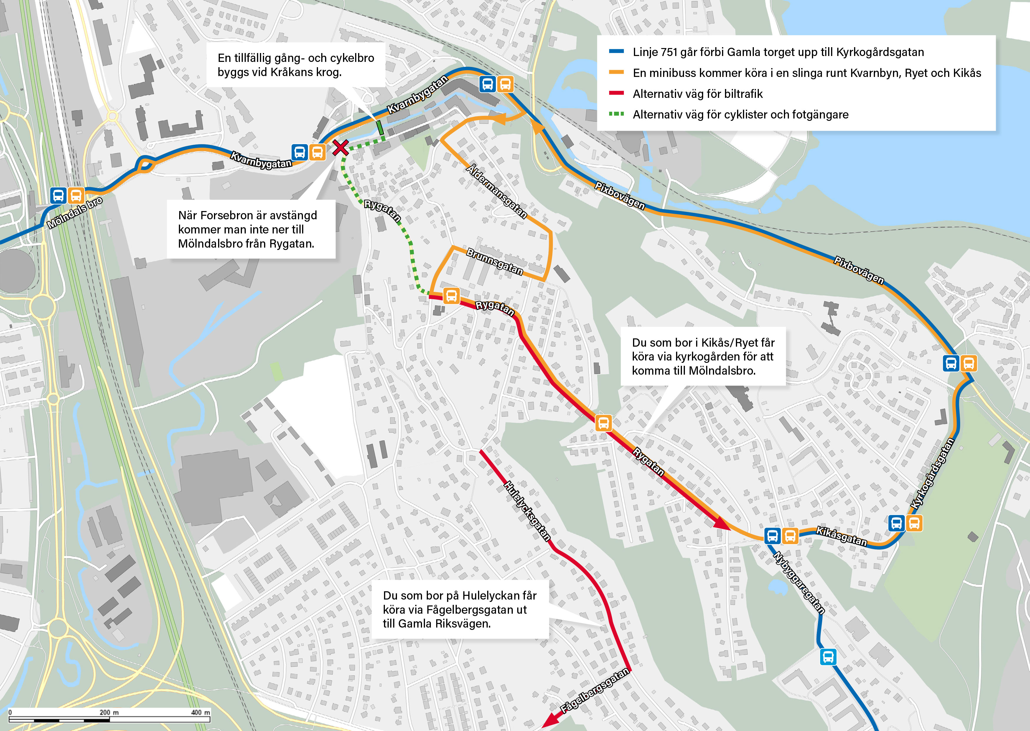 En karta som med färgade streck visar hur bussen kör när Forsebron är avstängd
