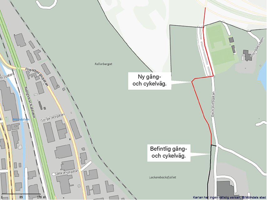 Karta som visar en nya gång- och cykelvägen vid Bäckravinsgatan.