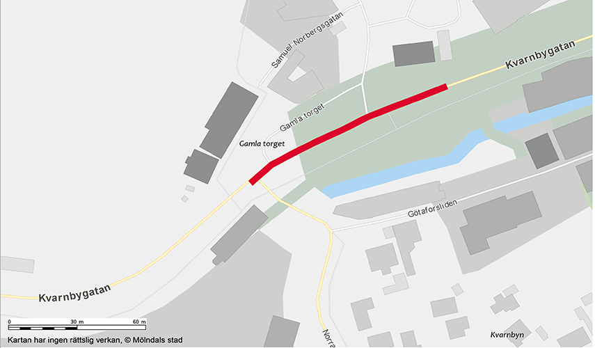 Karta över kvarnbygatan där vägarbetet är markerat med rött.