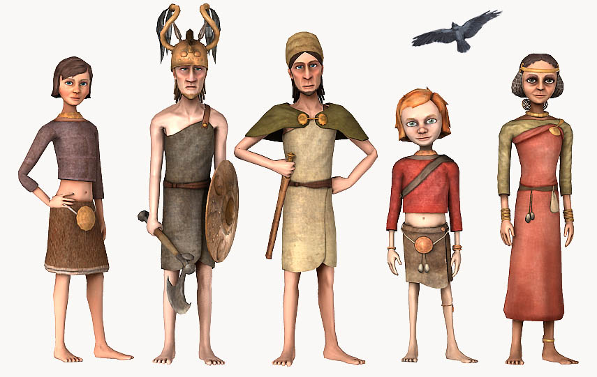 Karaktärer i datorspelet Fylgja. Fem dataanimerade människor och en korp syns på bilden.