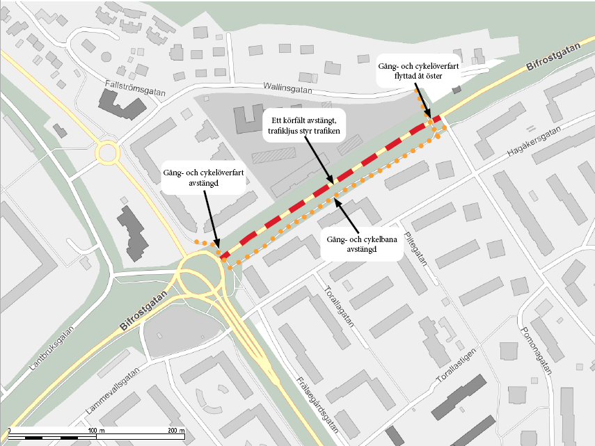 En karta som visar Bifrostgatan. Röda streck visar var ett vägarbete sker.