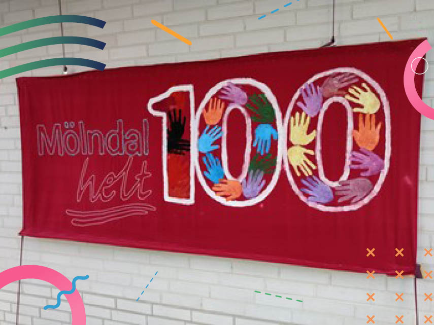 Foto på banderoll där det står Mölndal helt 100