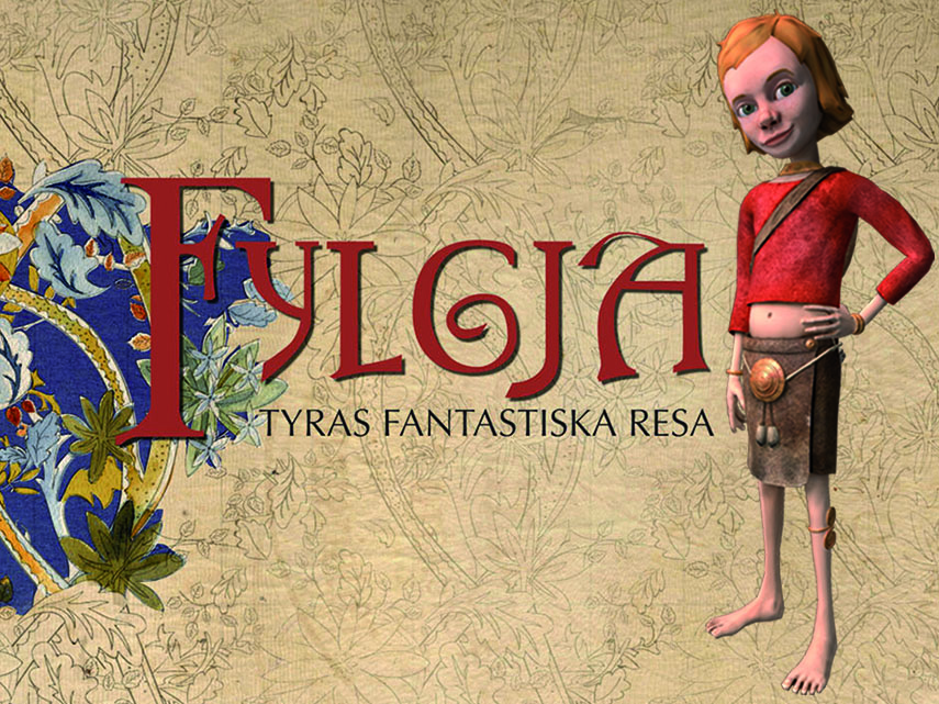 Illustration med spelet Fylgjas logotyp och huvudkaraktären Tyra.