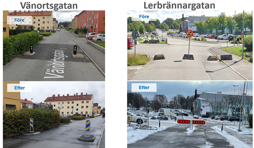 Två olika gator visas från samma vinkel före och efter en åtgärd för ökad trafiksäkerhet.