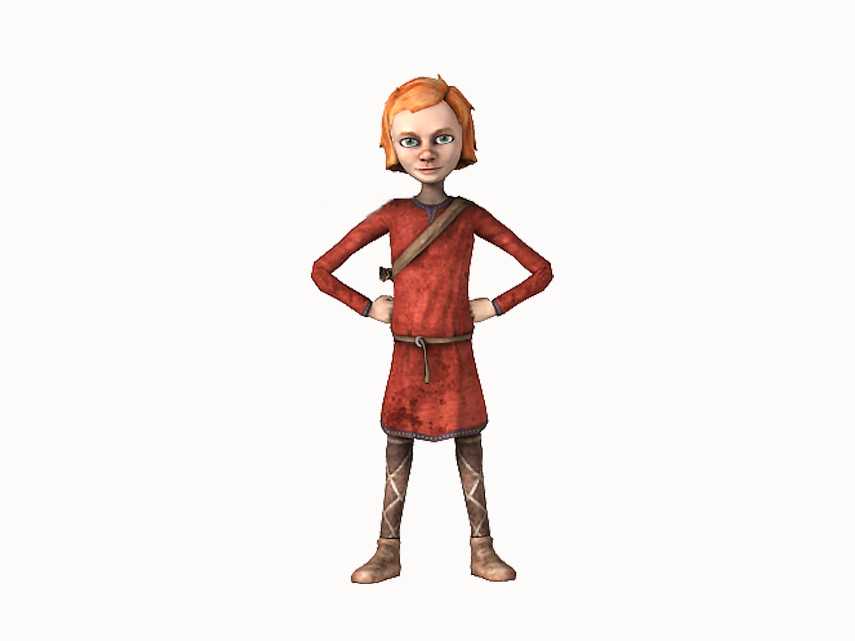 Tyra huvudkaraktären från dataspelet Fylgja. En flicka i tioårsåldern som är klädd i en röd tunika.