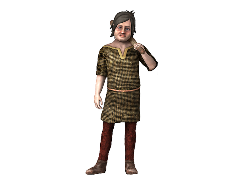 Lille John en tonårspojke från dataspelet Fylgja. John har mörkt hår och är klädd i en grön tunika.