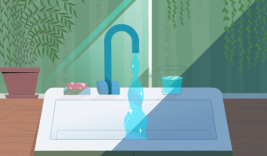 En illustration oms visar en vattenkran där vatten rinner ner i ett handfat.