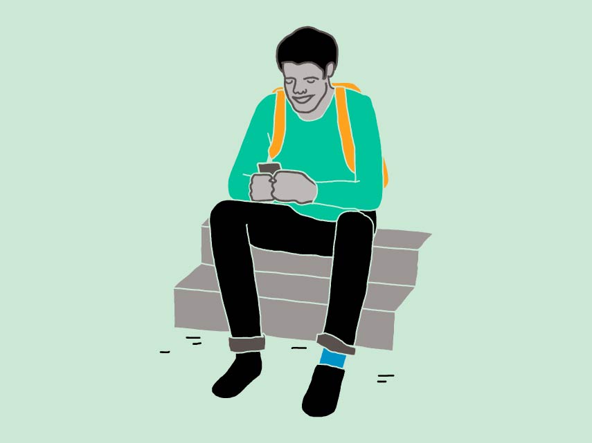 Illustration av en kille som sitter med sin mobil, på grön bakgrund.