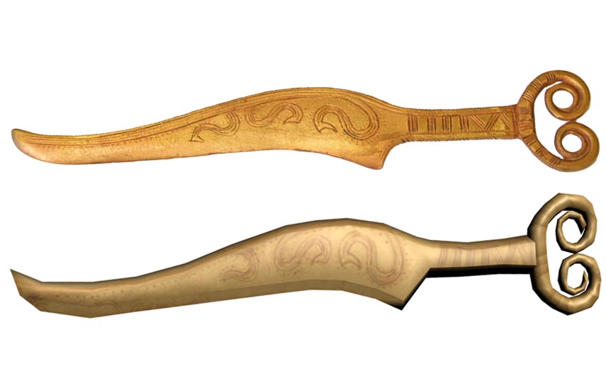 Rakkniv i brons och en illustrerad 3D-modell av samma kniv.