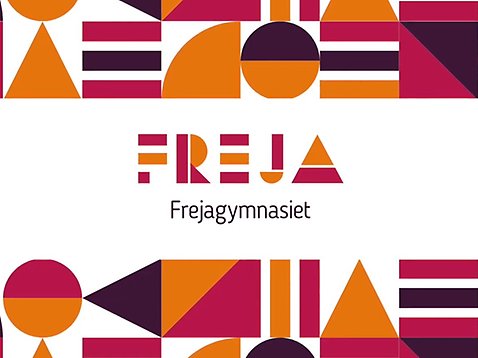Frejagymnasiets logotyp med illustrationer runtom.