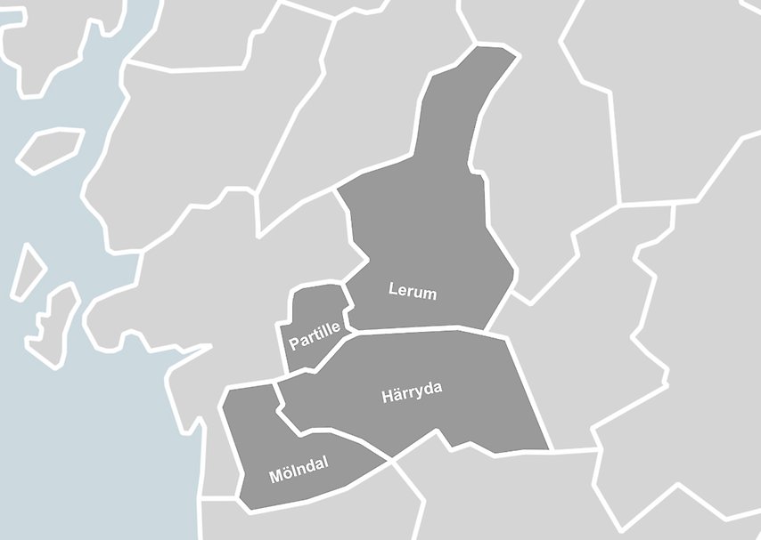 Karta där de fyra kommuner markerats som samverkar på området dödsbohandläggning – Mölndals stad, Härryda kommun, Lerums kommun och Partille kommun.