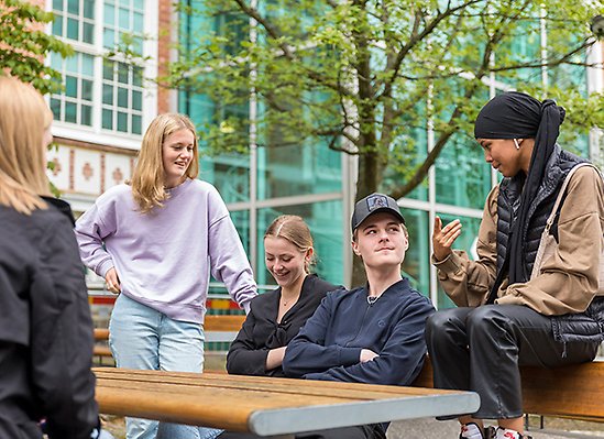Elevgrupp sitter ute och pratar framför skolan.