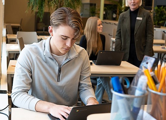 Elev fokuserar på arbete vid dator.