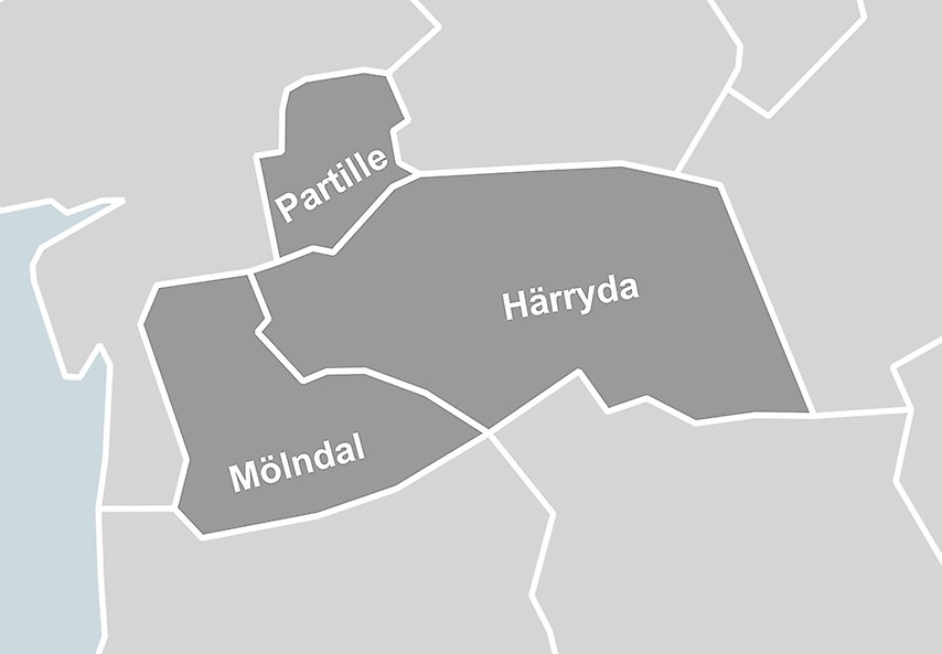 Enkel karta som visar Mölndal, Härryda och Partille.